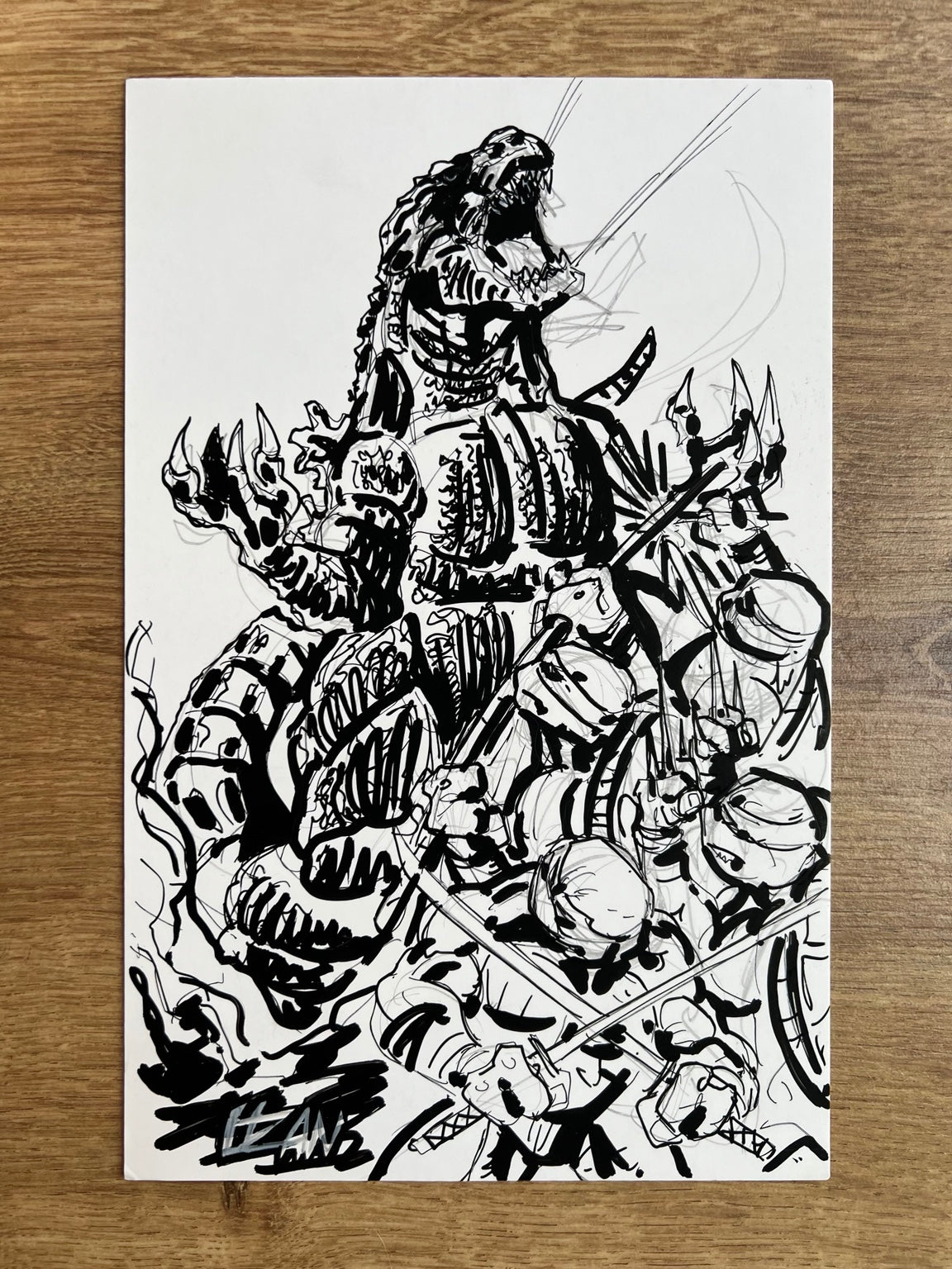 TMNT x Godzilla Prelim #1 — initial proposal with the Teenage Mutant Ninja Turtles facing Godzilla
