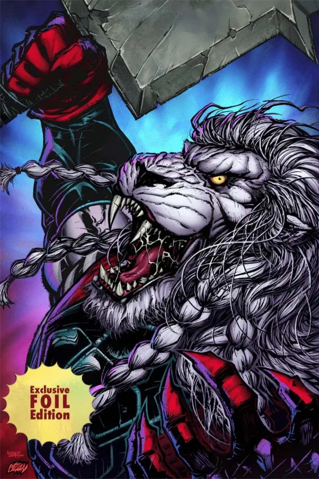 Battle Beast #4 - Foil Virgin Edition variant comic book cover illustrated by Franck Uzan.