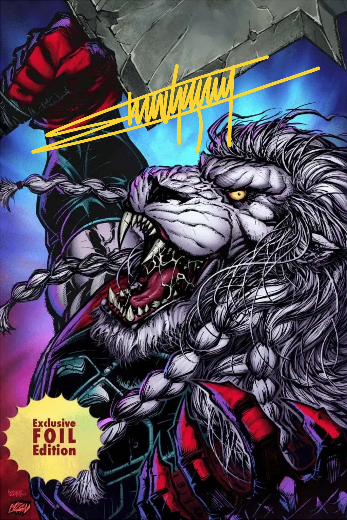Battle Beast #4 signed Foil Virgin Edition comic book cover by Franck Uzan