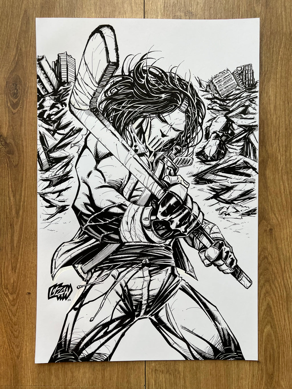 Original published cover art for Casey Jones #1, ink on Bristol board by Franck Uzan