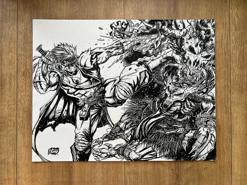 Original published connecting cover art for Final Boss #3 and #4, ink on Bristol board by Franck Uzan