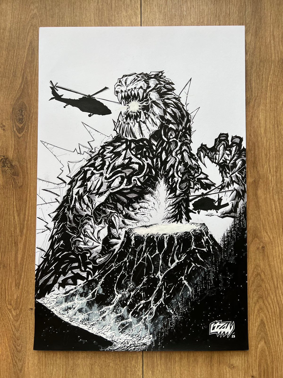 Original published cover art for Godzilla #2, ink on Bristol board by Franck Uzan
