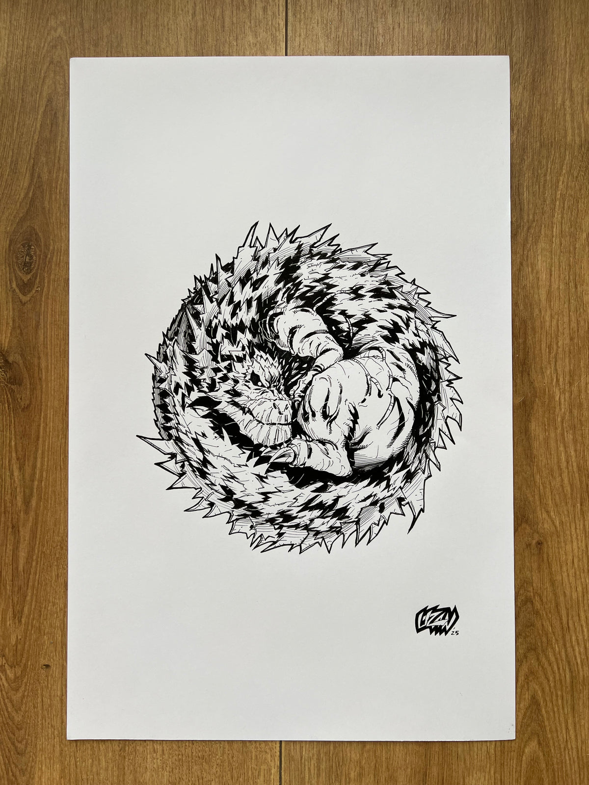 Original published back cover art for Godzilla #3, ink on Bristol board by Franck Uzan