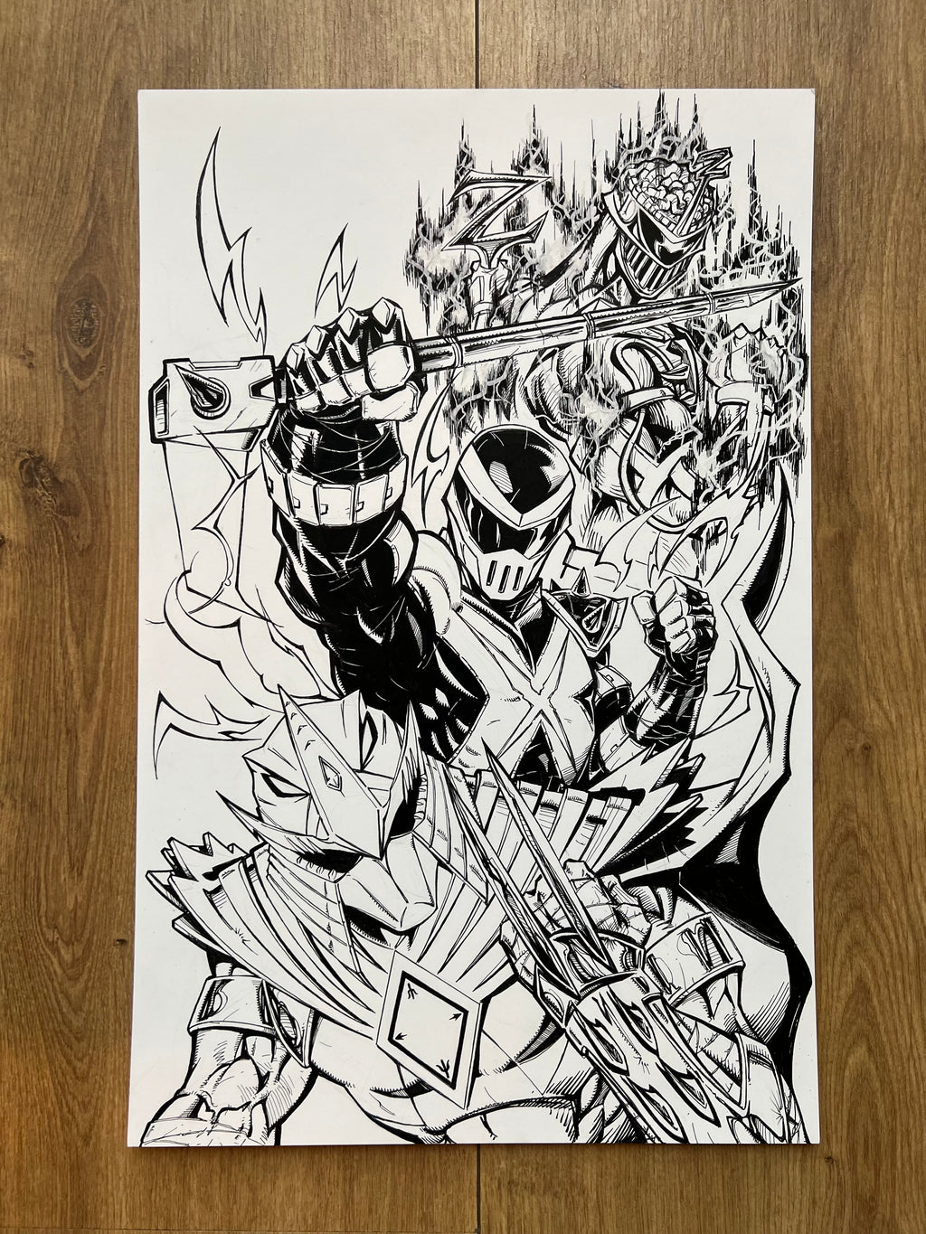 Original published cover art for Mighty Morphin Power Rangers x Teenage Mutant Ninja Turtles III #1 and #2, ink on Bristol board by Franck Uzan — detail 2