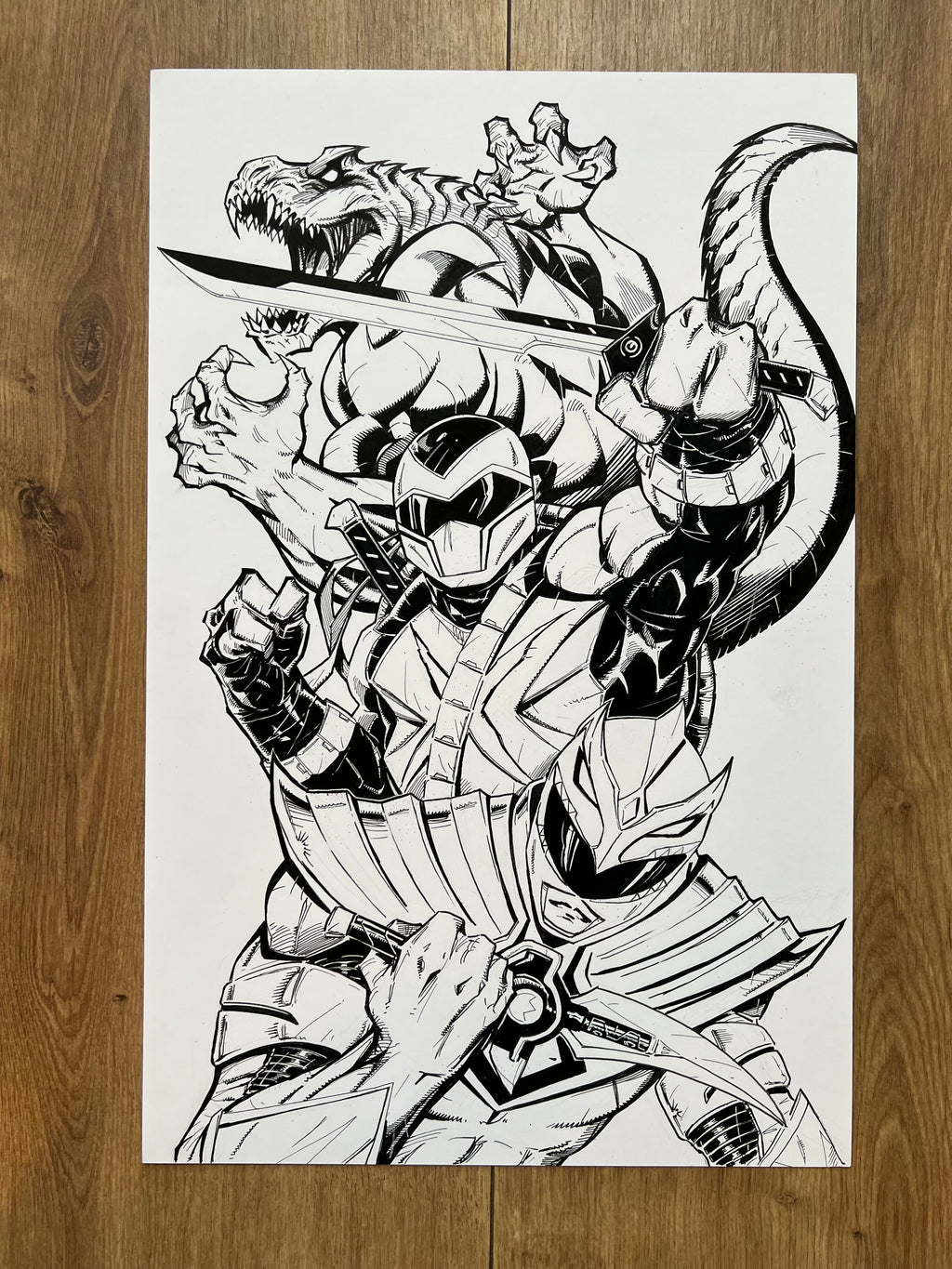 Original published cover art for Mighty Morphin Power Rangers x Teenage Mutant Ninja Turtles III #1 and #2, ink on Bristol board by Franck Uzan — detail 3