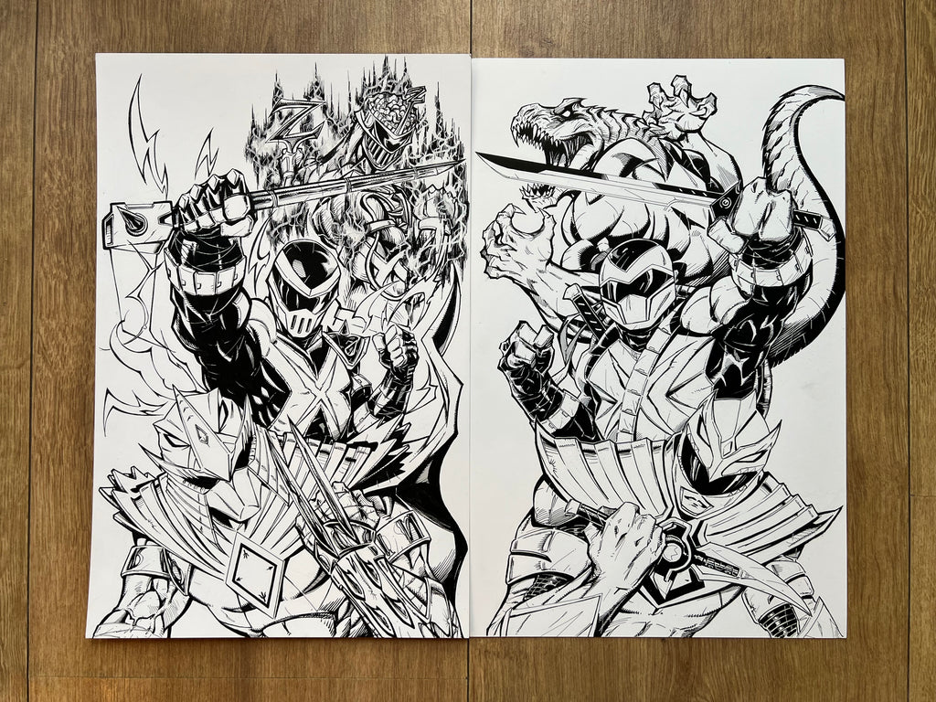 Original published cover art for Mighty Morphin Power Rangers x Teenage Mutant Ninja Turtles III #1 and #2, ink on Bristol board by Franck Uzan
