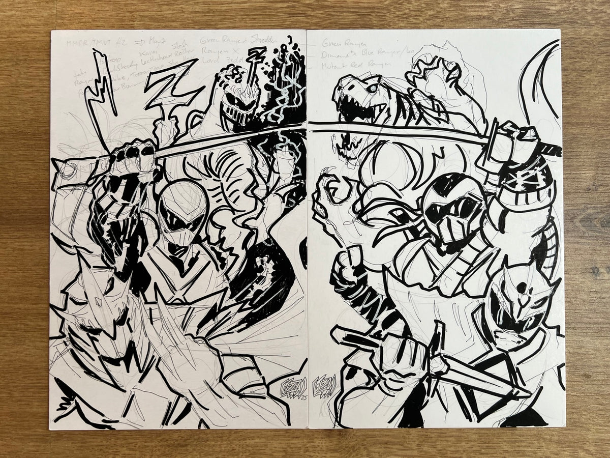 MMPR x TMNT III #1 and #2 connecting editorial cover prelims by Franck Uzan
