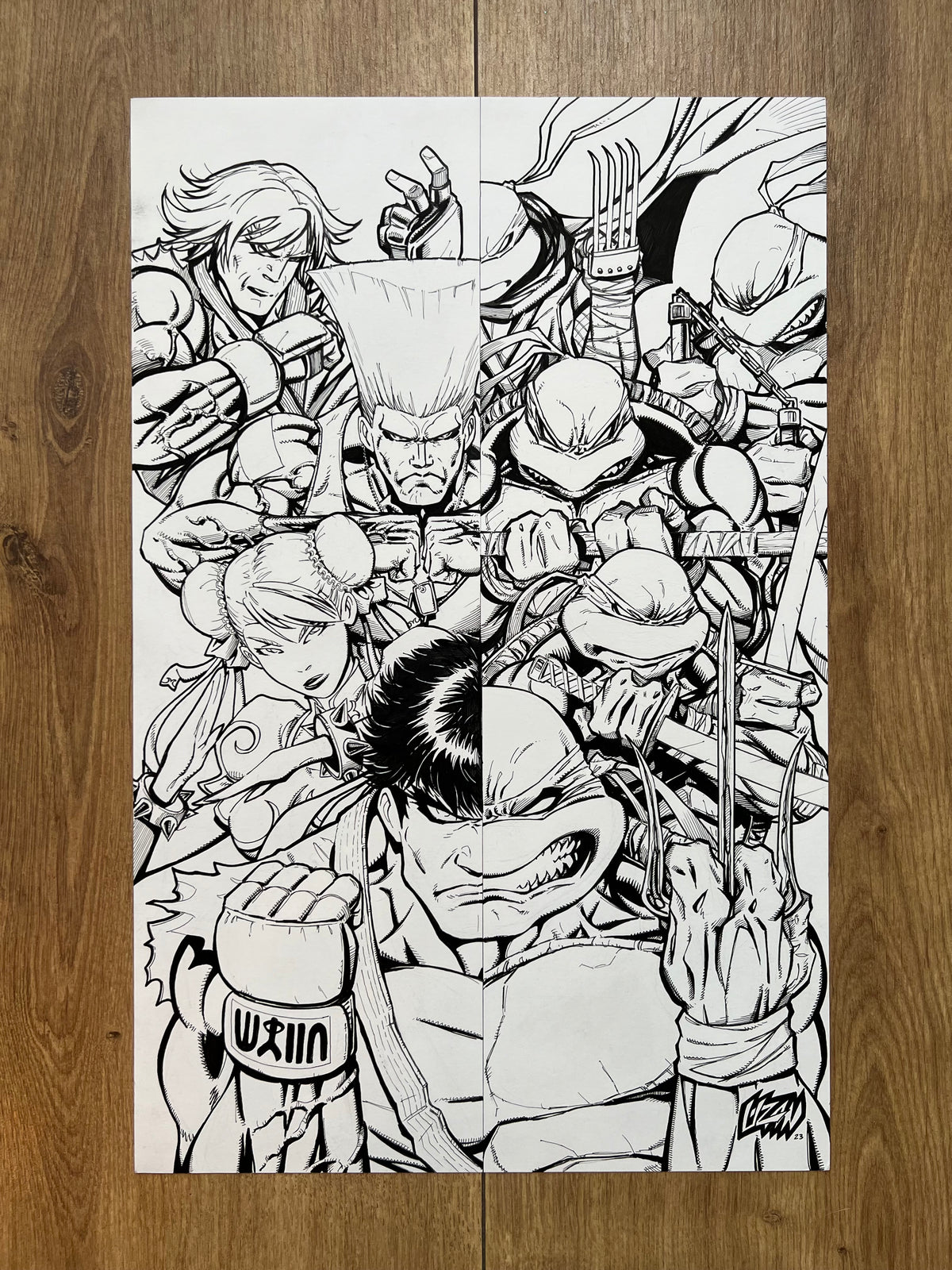 Original published cover art for Teenage Mutant Ninja Turtles x Street Fighter #1, ink on Bristol board by Franck Uzan