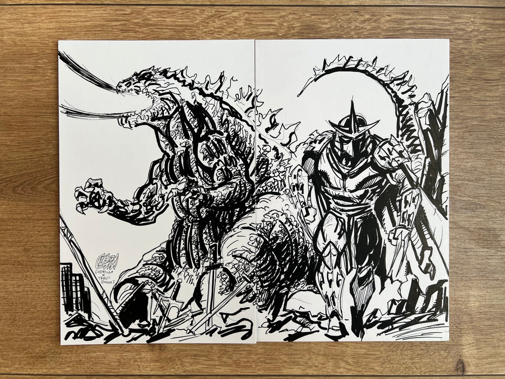 TMNT x Godzilla Prelim #3 — complete wraparound composition showing Godzilla and Shredder, artwork by Franck Uzan