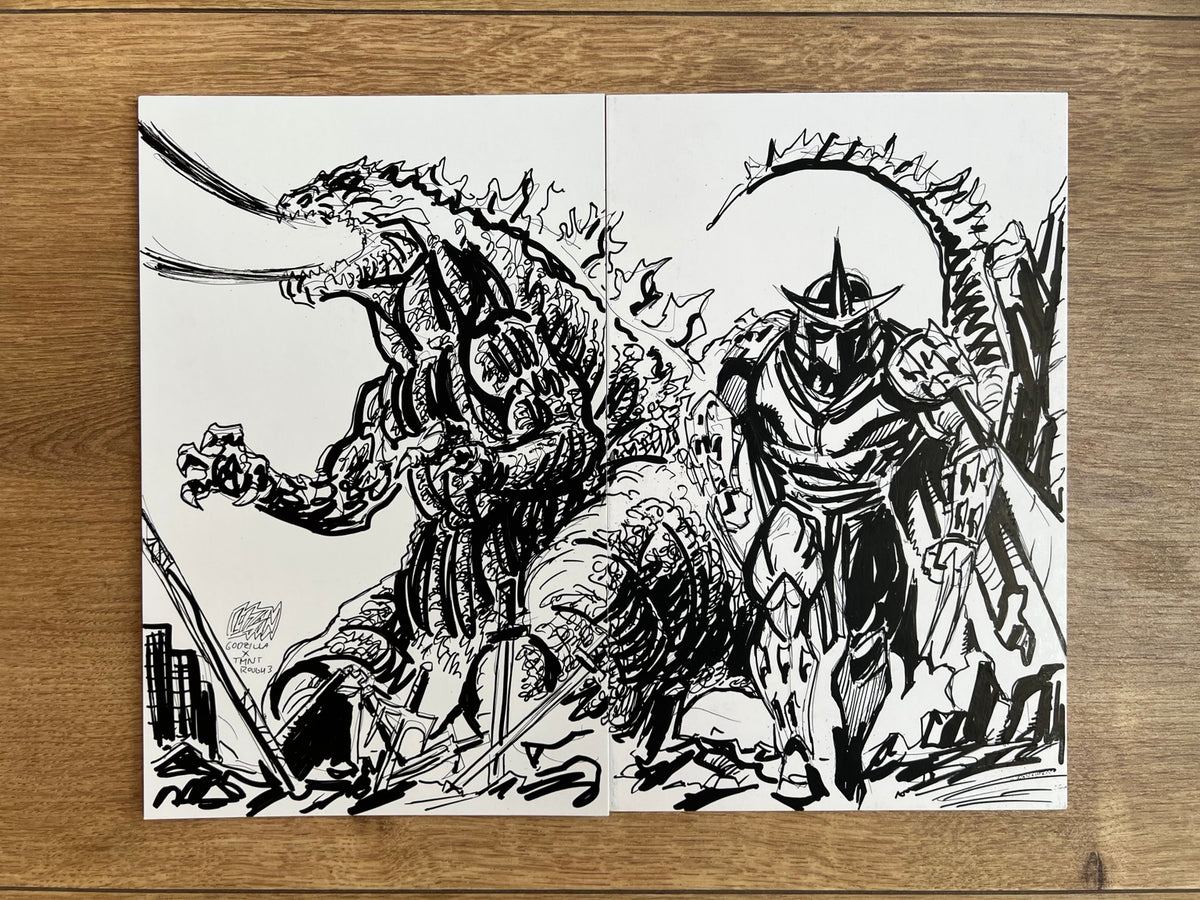 TMNT x Godzilla Prelim #3 — complete wraparound composition showing Godzilla and Shredder, artwork by Franck Uzan