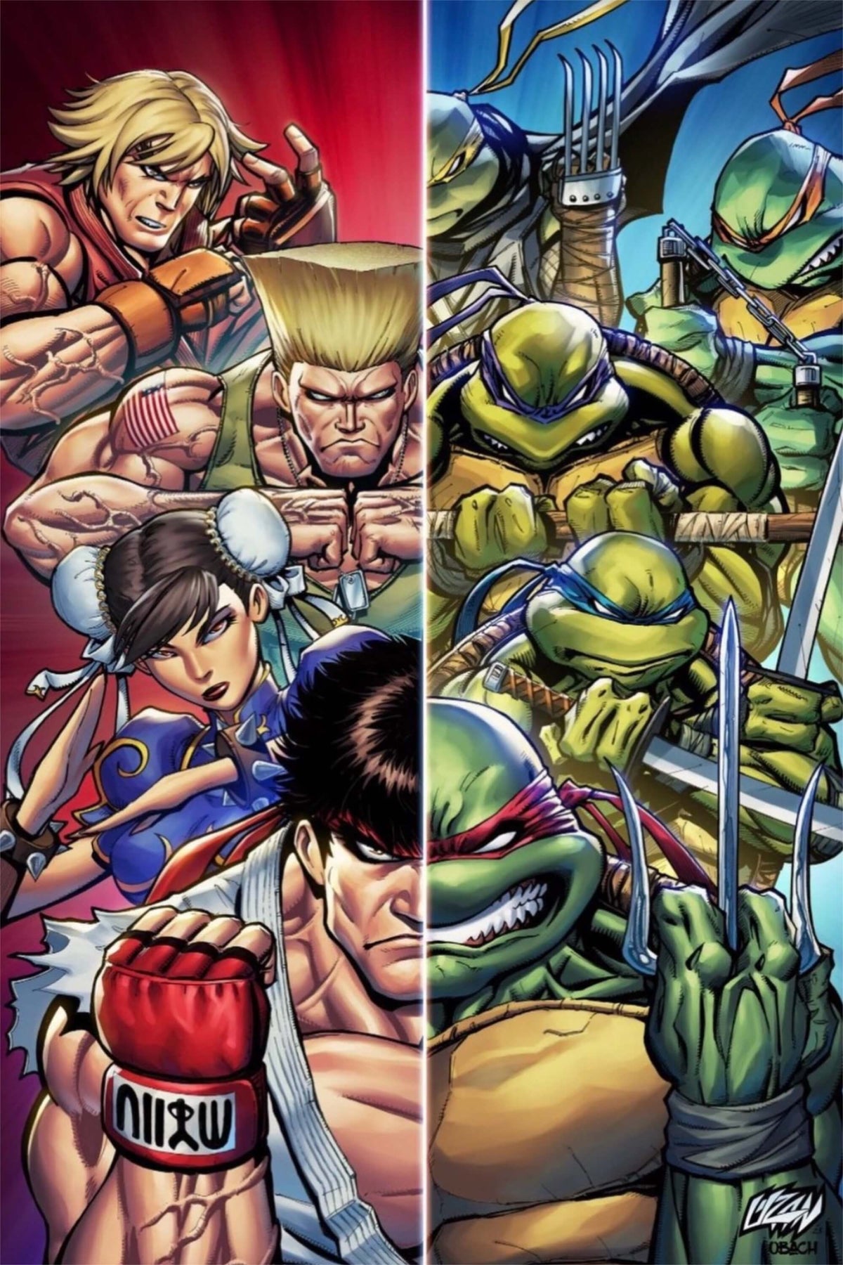 TMNT Vs. Street Fighter #1 - Virgin Edition variant comic book cover illustrated by Franck Uzan.
