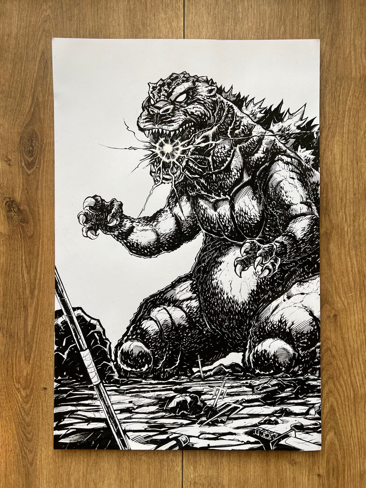 Original published wraparound cover art for TMNT x Godzilla #1, ink on Bristol board by Franck Uzan — detail 2