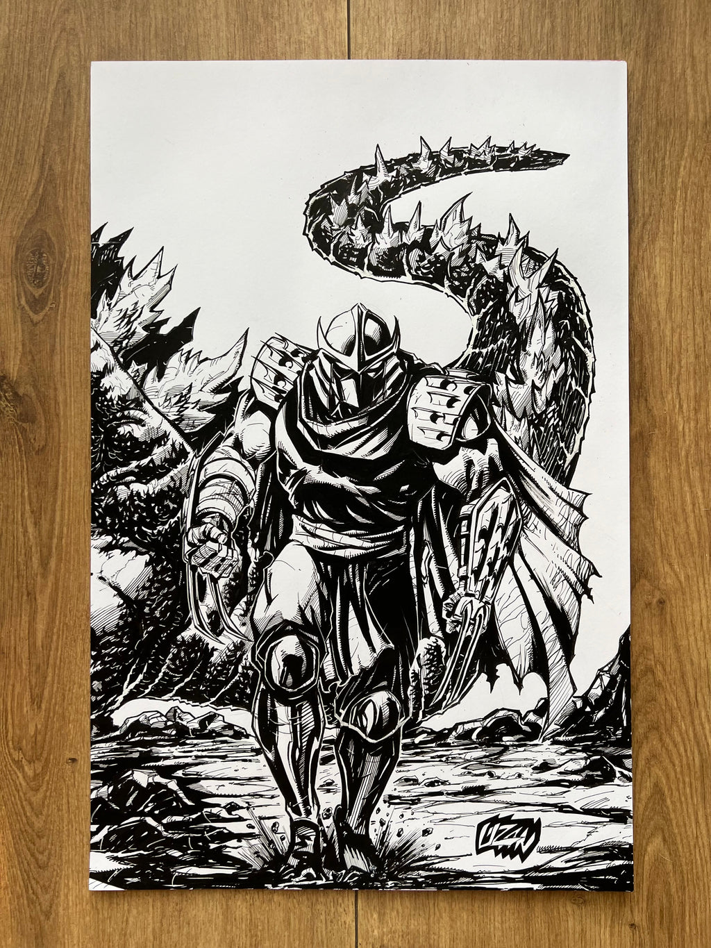 Original published wraparound cover art for TMNT x Godzilla #1, ink on Bristol board by Franck Uzan — detail 3