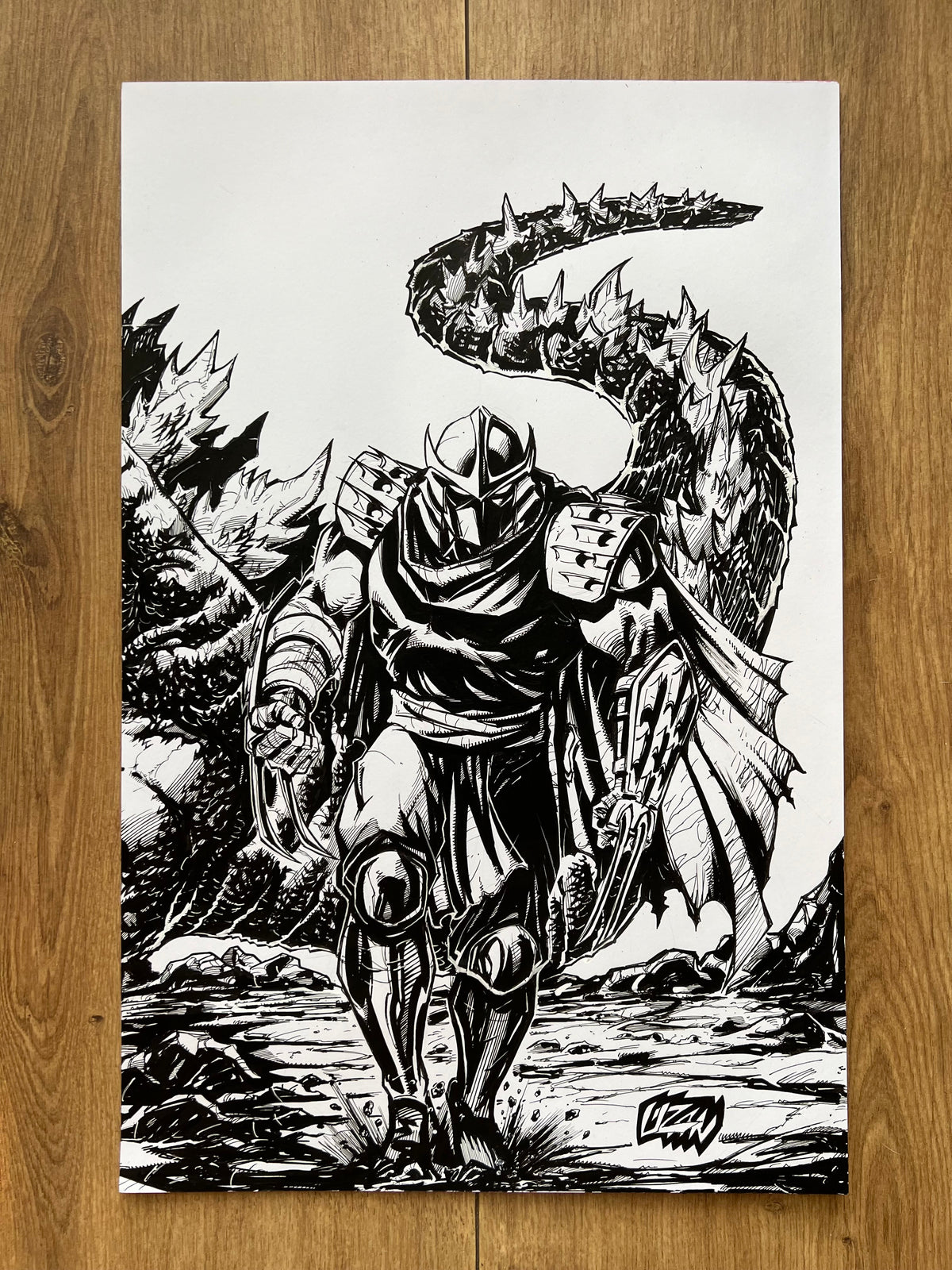 Original published wraparound cover art for TMNT x Godzilla #1, ink on Bristol board by Franck Uzan — detail 3