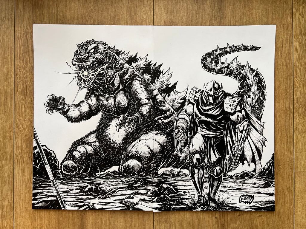 Original published wraparound cover art for TMNT x Godzilla #1, ink on Bristol board by Franck Uzan