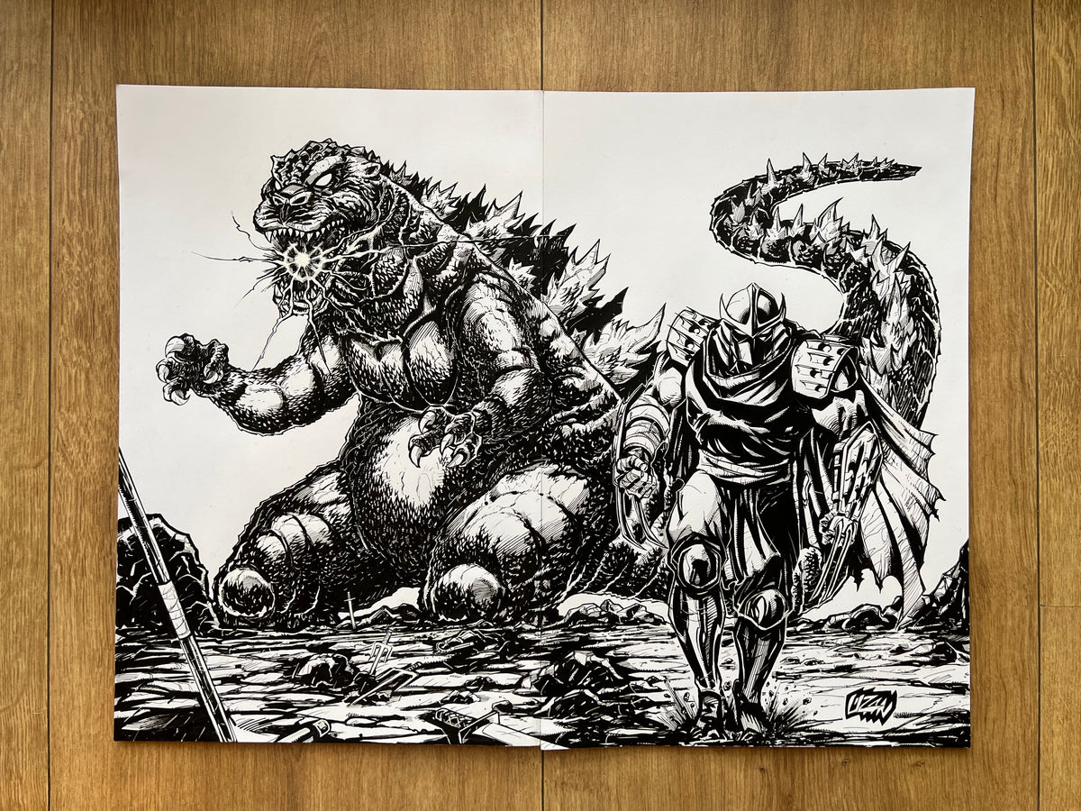 Original published wraparound cover art for TMNT x Godzilla #1, ink on Bristol board by Franck Uzan