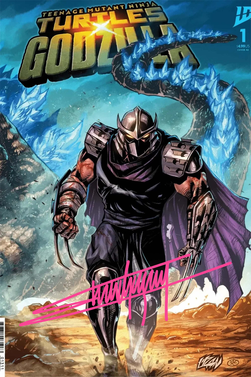 TMNT x Godzilla #1 signed Trade Edition Wraparound comic book cover by Franck Uzan