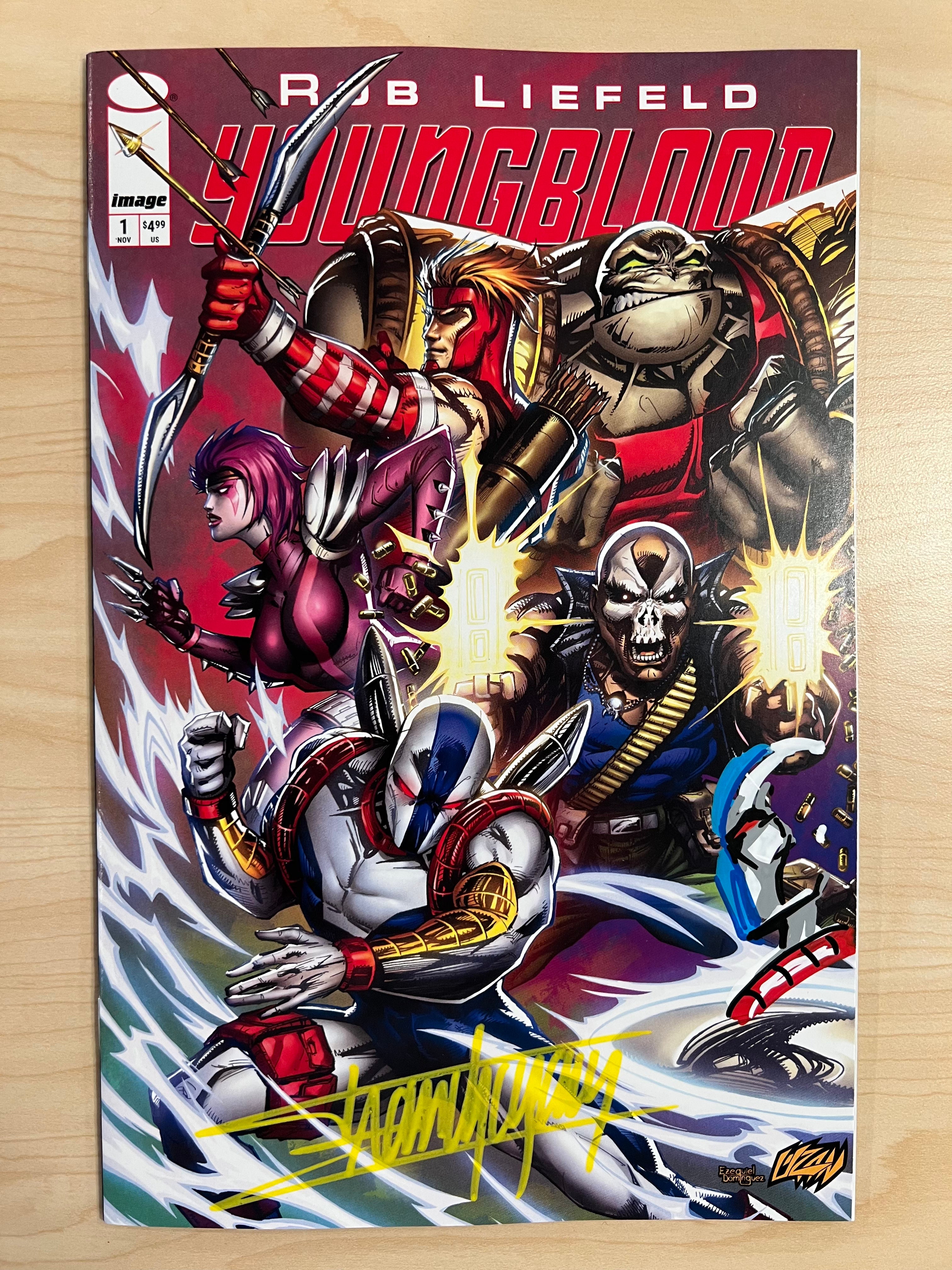 Youngblood #1 Trade Edition signed and remarked comic book cover art by Franck Uzan.